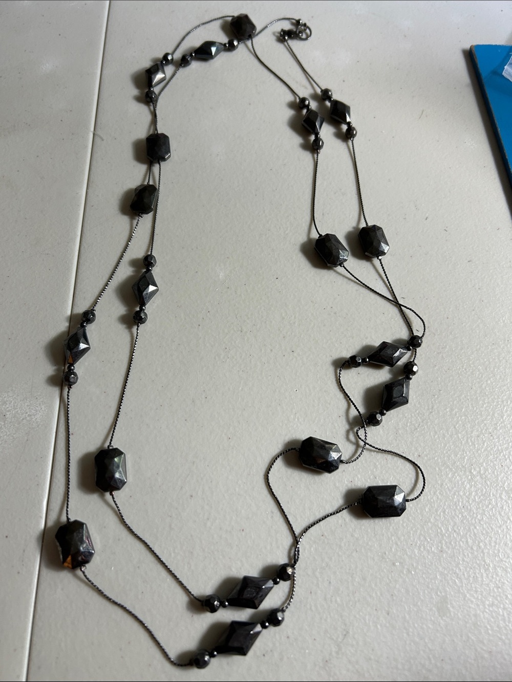 Elegant Long Faceted Gunmetal Bead Necklace - Women Jewelry